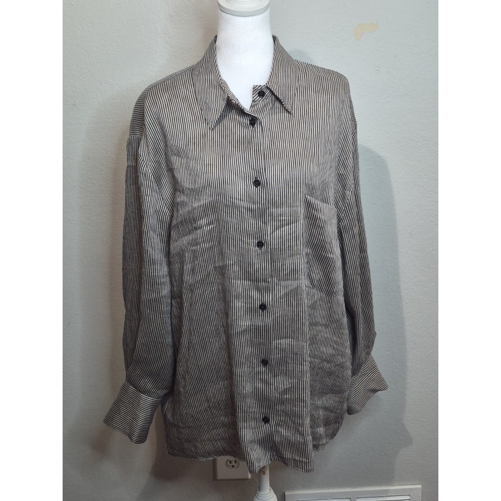 Zara Linen Silk Shirt Button Down Striped Sz L Lagenlook Modest Preppy Lagenlook